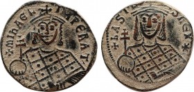 MICHAEL III 'THE DRUNKARD' with BASIL I (842-867). Follis. Constantinople.
Obv: + MIҺAЄL IMPЄRAT.
Crowned facing bust of Michael, holding akakia and g...