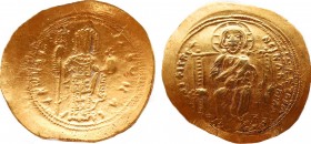 CONSTANTINE IX MONOMACHUS (1042-1055). GOLD Histamenon Nomisma. Constantinople.
Obv: Christ Pantokrator seated facing on throne with curved back.
Rev:...