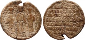 Gabriel, Protonobellisimos and Dux of Melitene, 1050-1103. Seal or Bulla. c. 1086-1103.
Obv: O NIKOΛAO / O ΓEΩP / O IΩ O ΠP' Three nimbate male figur...