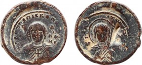 BYZANTINE LEAD SEAL . Episkopos ( 11Th). Uncertain.
Obv: Bust of saints. Environmental Lettering is line border.
Rev:Bust of saints. Environmental Let...