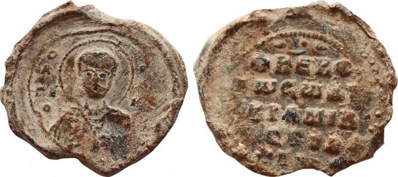 BYZANTINE LEAD SEAL. Georgios circa 11th-12th centuries. Obv: Half-length facing...