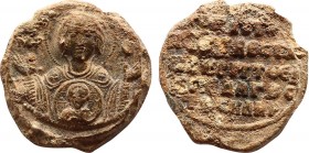Aetius, Metropolitan of Antioch and Syngellos, c. 10th - 11th century. Seal or Bulla.
Obv: MP - ΘY Nimbate, facing bust of the Virgin Mary, orans and ...