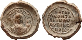BYZANTINE LEAD SEALS. Leontius. (Circa 10th-11th centuries).
Obv: MHP - ΘV.
Facing bust of the Virgin Mary, orans , with Christ medallion on breast....