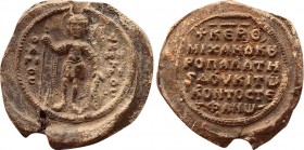 BYZANTINE LEAD SEALS. Michael Kontostephanos, kouropalates and dux of Antioch (Circa 1055).
Obv: St. Demetrios standing facing, holding spear and res...