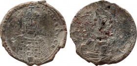 BYZANTINE LEAD SEAL. Constantine VII Porphyrogenitus, 913-959. Seal. 
Obv: +IҺSUS-XRIST’Һ'C' Bust of Christ Pantokrator facing, with cross nimbus, hol...