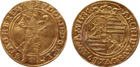 HOLY ROMAN EMPIRE. Rudolf II (1576-1612). GOLD Ducat (1585). Praha (Prague).
Obv: RVDOL II D G R I S A G H BO REX.
Rudolf standing right, holding li...