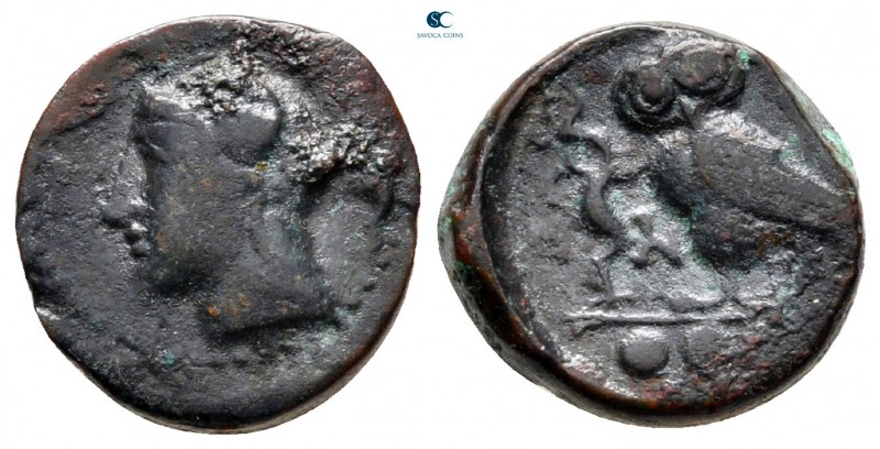 Sicily. Kamarina circa 420-405 BC. 
Tetras or Trionkion Æ

14 mm., 2,71 g.
...