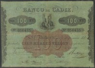 100 Reais. November 10, 1856. Banco de C\u00e1diz, issue II. Central figure in red. (Edifil 2017: 76). Unusual VF.