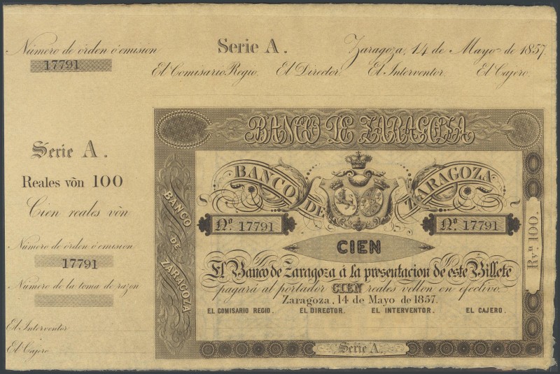 100 Reais. May 14, 1857. Bank of Zaragoza. Series A and with matrix. (Edifil 201...