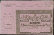 500 Reais. May 14, 1857. Bank of Zaragoza. Series C. (Edifil 2017: 128). AU.