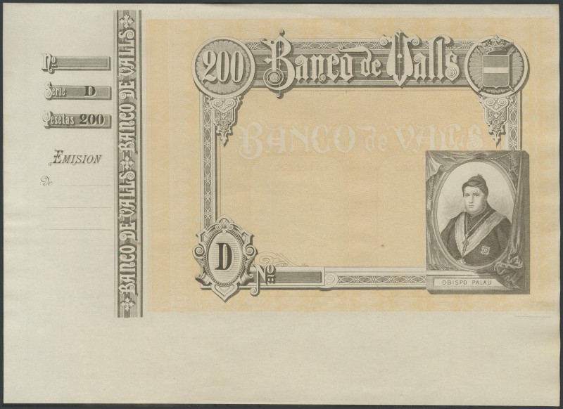 200 pesetas. (1892ca). Bank of Valls. Print proof, with matrix on the left and w...