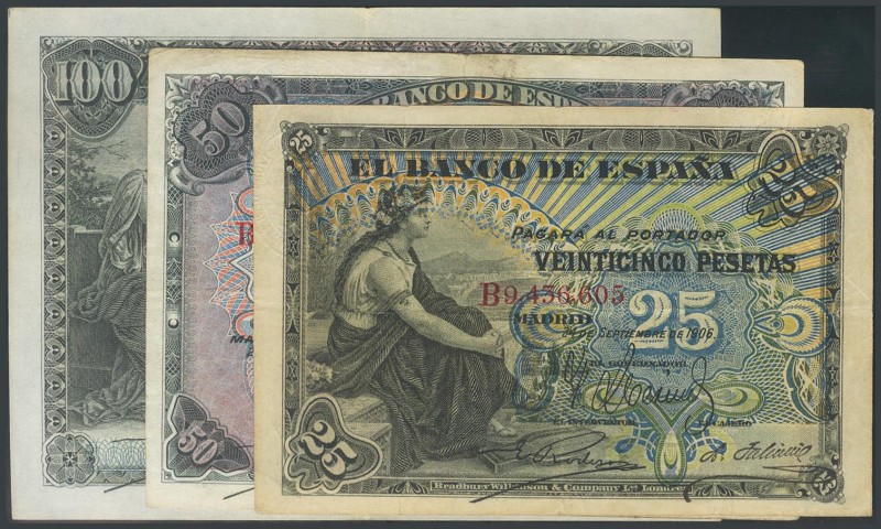 25 Pesetas, 50 Pesetas and 100 Pesetas. September 24, 1907 and June 30, 1907, re...