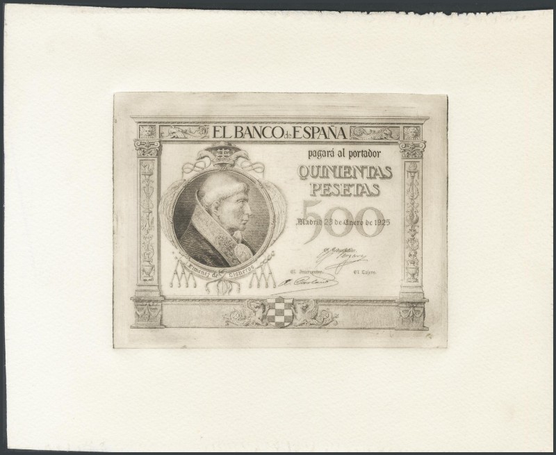 500 pesetas. January 25, 1925. Proof of the obverse in black of a banknote not i...
