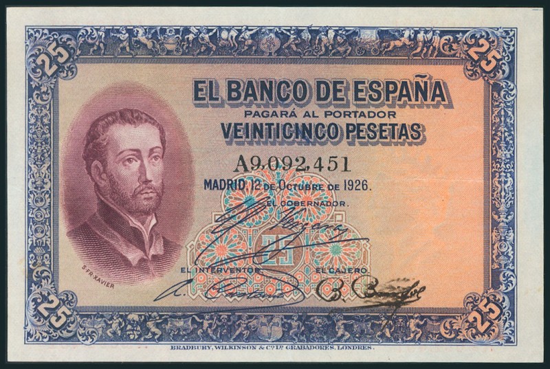 25 Pesetas. October 12, 1926. Series A. (Edifil 2017: 325a). It preserves practi...