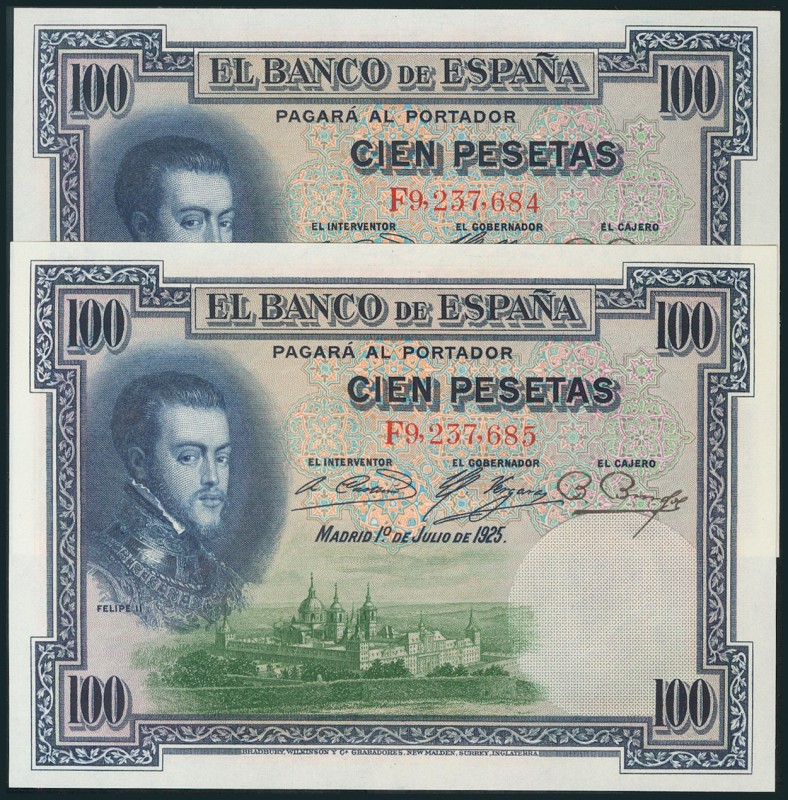 100 Pesetas. July 1, 1925. Correlative pair. Series F. (Edifil 2017: 350). Origi...