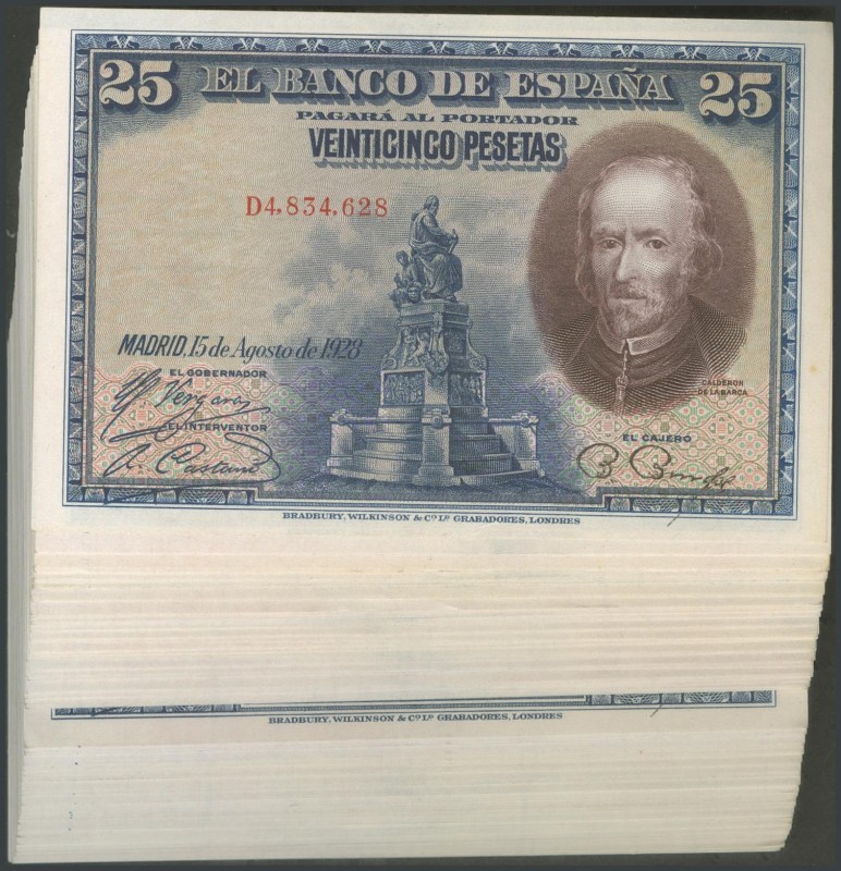 Set of 100 banknotes of 25 Pesetas issued on August 15, 1925, in different secti...