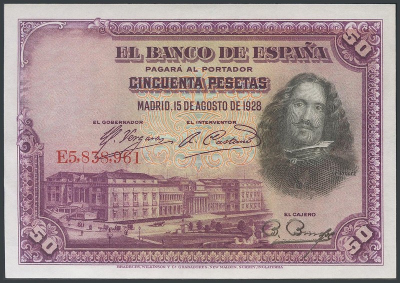 50 Pesetas. August 15, 1928. Series E. (Edifil 2017: 354). UNC.