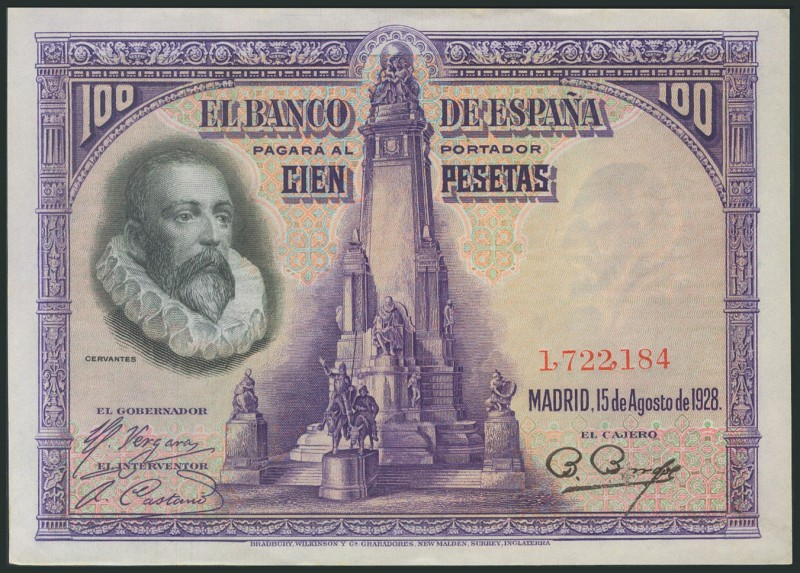 100 Pesetas. August 15, 1928. Without series. (Edifil 2017: 355). It keeps all i...