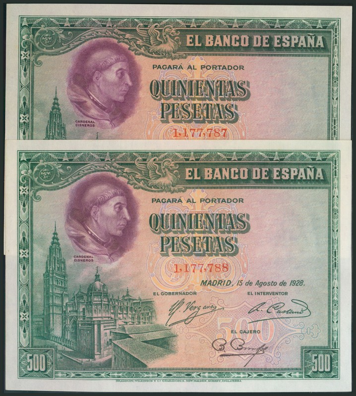 500 pesetas. August 15, 1928. Correlative couple. No serie. (Edifil 2017: 356). ...