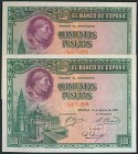 500 pesetas. August 15, 1928. Correlative couple. No serie. (Edifil 2017: 356). It keeps all its original size. UNC.