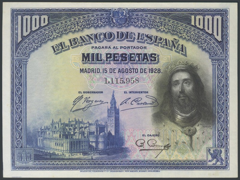 1000 Pesetas. August 15, 1928. Without series. (Edifil 2017: 357). It retains pa...