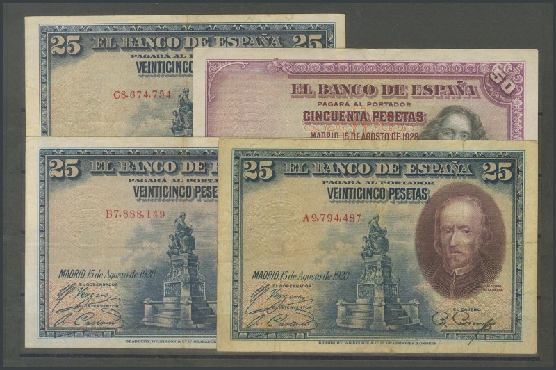 Set of 4 banknotes of the Bank of Spain, 3 of 25 Pesetas issued on August 15, 19...