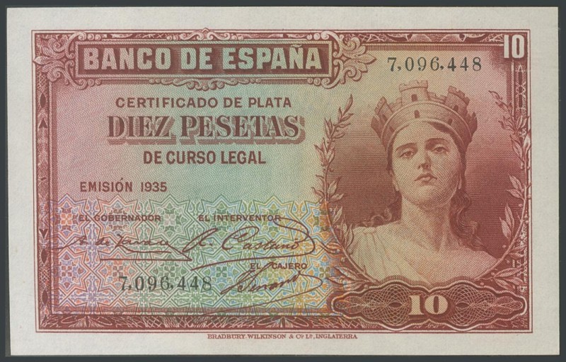 10 pesetas. January 1, 1935. No Series. (Edifil 2017: 364). UNC.