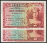 10 pesetas. 1935. Correlative couple. Series C, last series issued. (Edifil 2017: 364a). Original sizing. UNC.