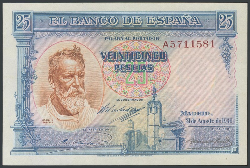 25 Pesetas. August 31, 1936. Series A. (Edifil 2017: 367a). Original sizing. UNC...