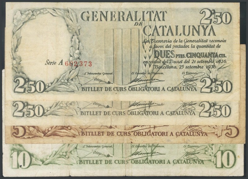 Complete series of the 4 banknotes of the Generalitat de Catalunya. 2\u00b450 Pe...