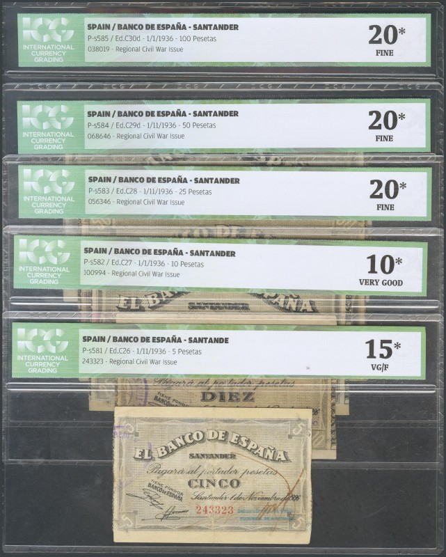 Set of 5 Bank of Spain banknotes issued at the Santander branch corresponding to...