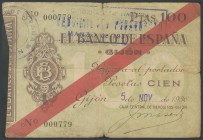 100 Pesetas. November 5, 1937. Bank of Spain, Gij\u00f3n branch. No serie. (Edifil 2017: 384). G.