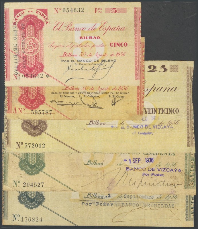Complete series of 5 Banknotes from the Banco de Bilbao, issued on August 30, 19...