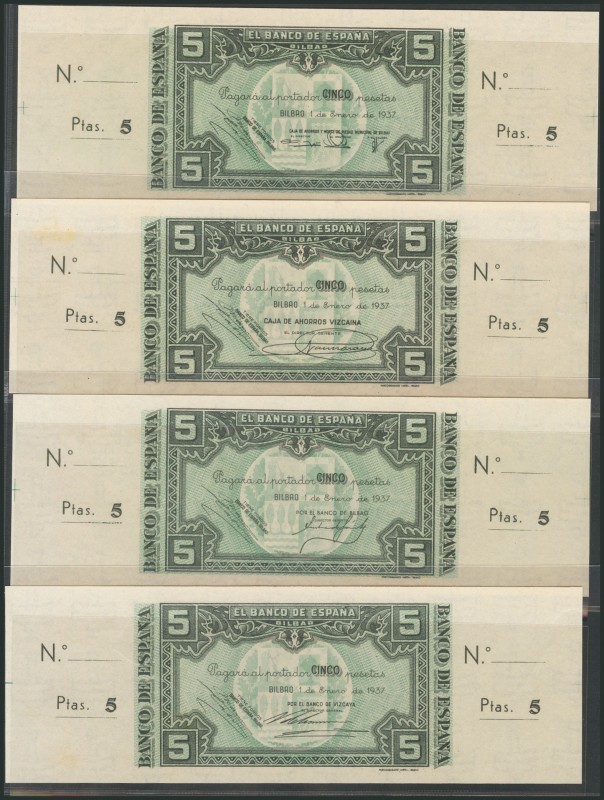 Set of 4 banknotes of 5 Pesetas issued by the Bank of Spain in the Bilbao branch...