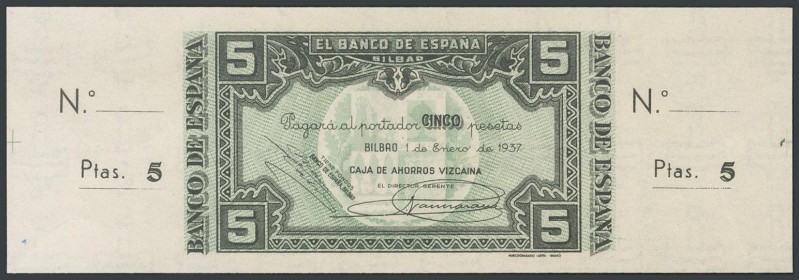 5 Pesetas. January 1, 1937. Bilbao branch, previously signed by Caja de Ahorros ...
