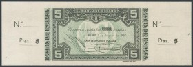 5 Pesetas. January 1, 1937. Bilbao branch, previously signed by Caja de Ahorros Vizca\u00edna. Without series and without numbering, with both matrice...