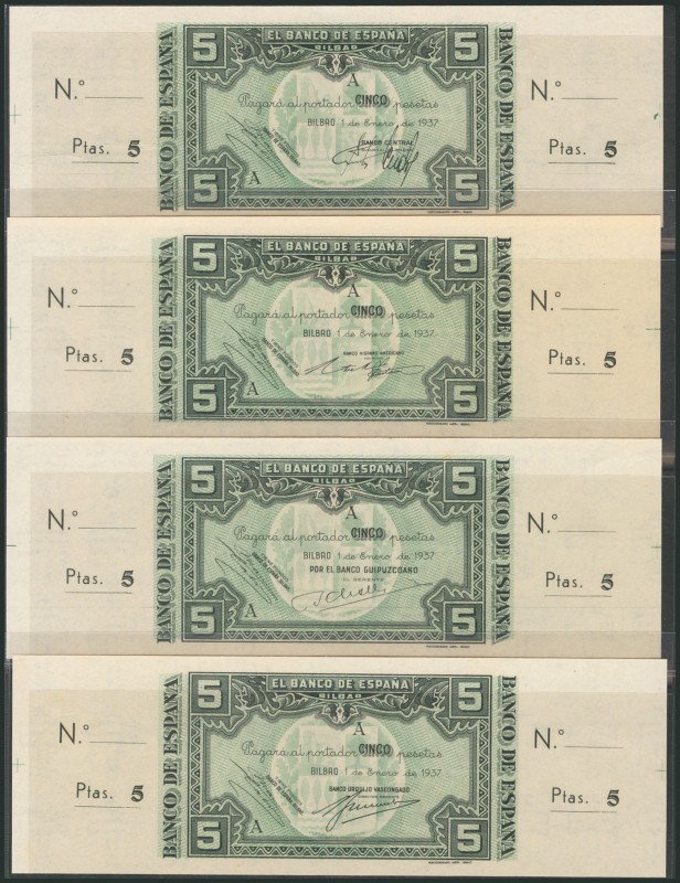 Set of 4 banknotes of 5 Pesetas issued by the Bank of Spain in the Bilbao branch...