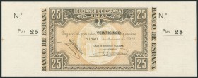 25 Pesetas. January 1, 1937. Bilbao branch, previously signed by Caja de Ahorros Vizca\u00edna. Without series and without numbering, with both matric...