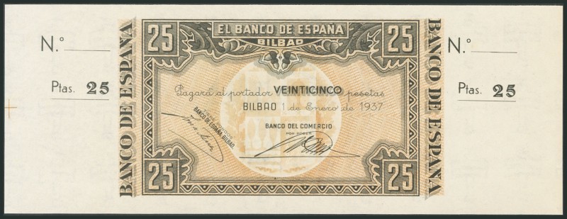 25 Pesetas. January 1, 1937. Bilbao branch, signed by Banco del Comercio. Withou...