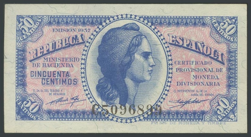 50 Cents. 1937. Series C, last series issued. (Edifil 2017: 391a). UNC.