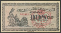 2 Pesetas. 1937. Council of Asturias and Le\u00f3n. (Edifil 2017: 398). UNC.