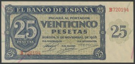 25 Pesetas. November 21, 1936. Series B. (Edifil 2017: 419a). UNC.