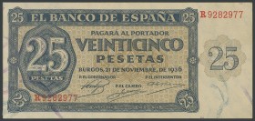 25 Pesetas. November 21, 1936. Series R. (Edifil 2017: 419a). UNC.