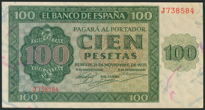 100 Pesetas. November 21, 1936. Series J. (Edifil 2017: 421a). Preserves much of...