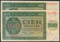 100 Pesetas. November 21, 1936. Bank of Spain, Burgos. Series Q. Correlative pair. (Edifil 2017: 421a). Original sizing. AU.
