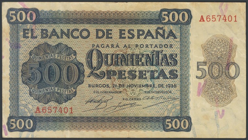 500 pesetas. November 21, 1936. Series A. (Edifil 2017: 422). F.