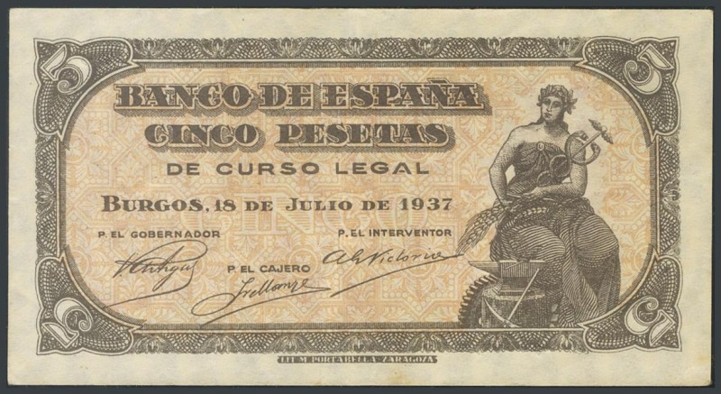 5 Pesetas. July 18, 1937. Series B. (Edifil 2017: 424a). AU.