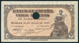 5 Pesetas. July 18, 1937. Series C. Drilled and with staple points. (Edifil 2017: 424a). AU.