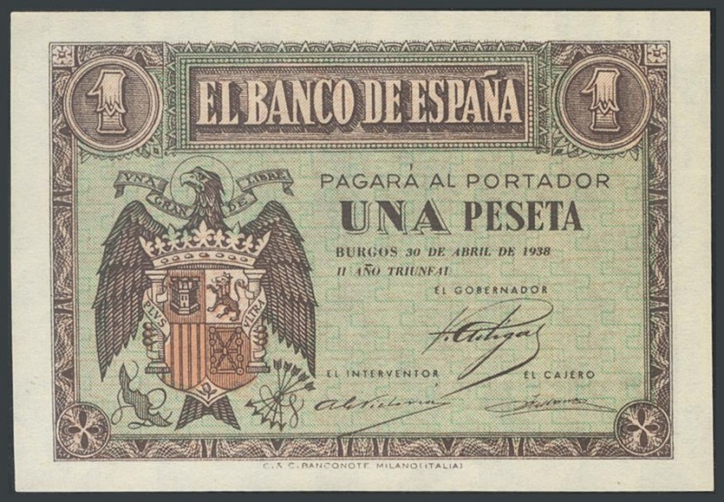 1 peseta. April 30, 1938. Series C. (Edifil 2017: 428a). UNC.