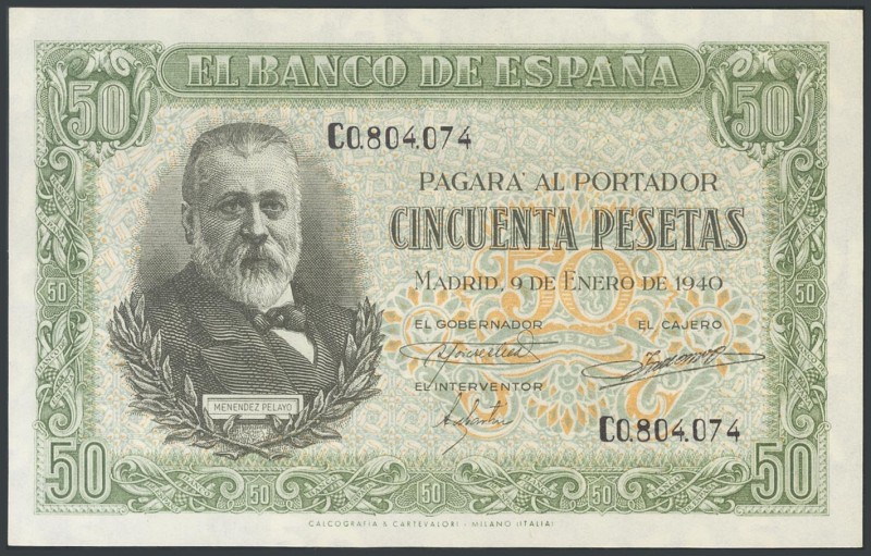 50 Pesetas. January 9, 1940. Series C. (Edifil 2017: 437a). Original sizing. UNC...